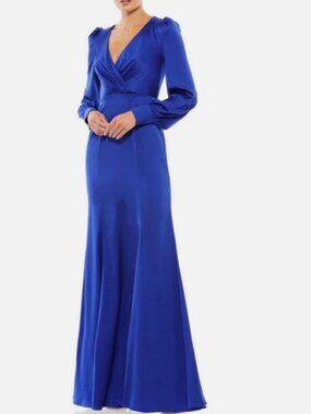 Mac Duggal Royal Blue Ruched Satin Long Bishop Sleeve Gown